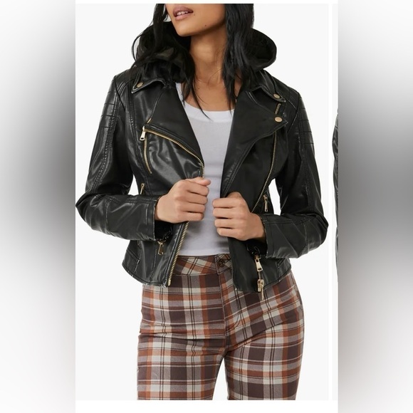 Free People black vegan leather look Jealousy Leather Moto hooded Jacket… - Picture 3 of 13